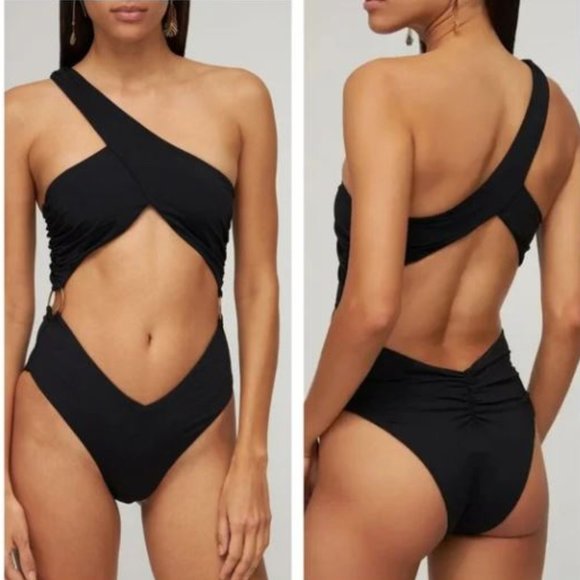 WeWoreWhat Asymmetrical Crossover one piece swimsuit Black Gold Ring Detail NWT - Picture 6 of 10